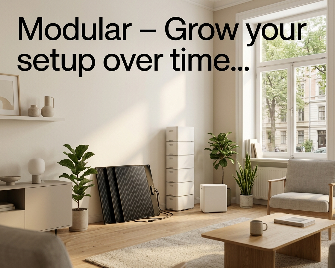 Modular home energy setup with batteries and solar components